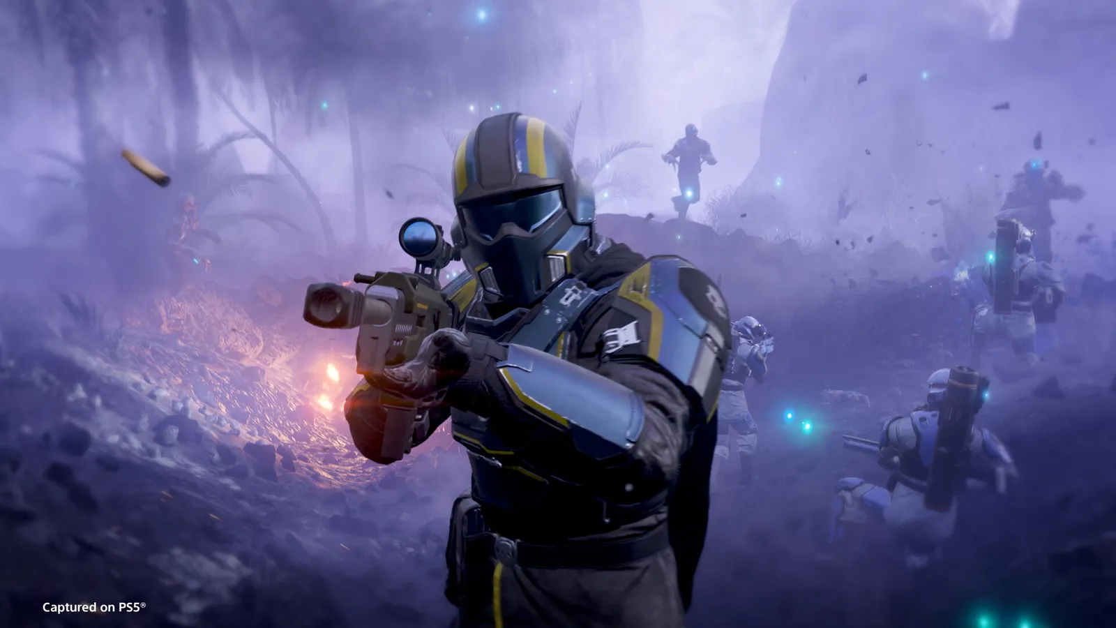 A large-scale firefight with heavy particle effects